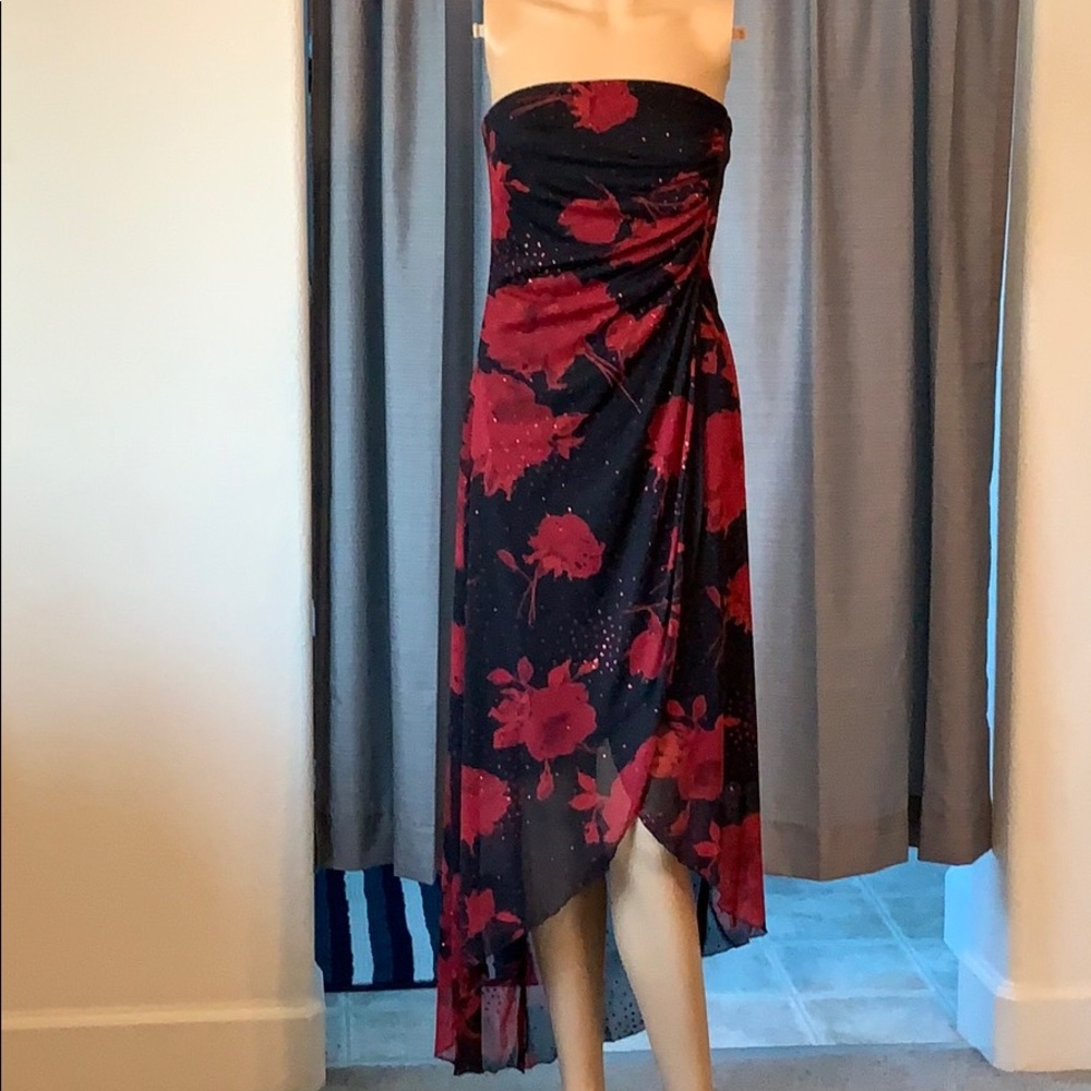 Red and black strapless hi low dress